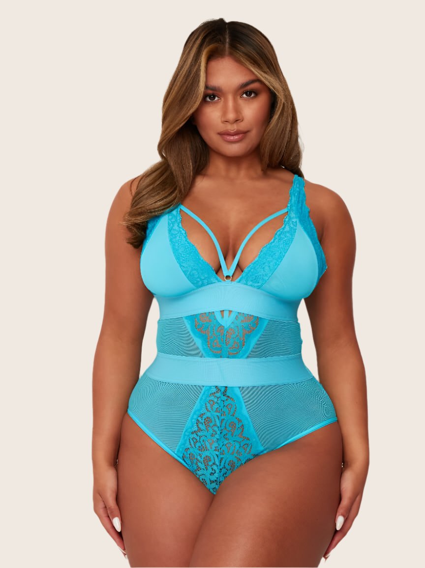 Alicia bluebird blue bodysuit with scalloped lace edges