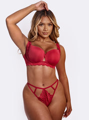 Red lacey and cut out detail strappy thong. Available in sizes XS-6XL. Plus size stylish lingerie.